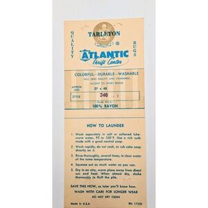 Vintage 1966 Tarleton Atlantic Thrift Center Rug Tag Ephemera Style 346 USA Made